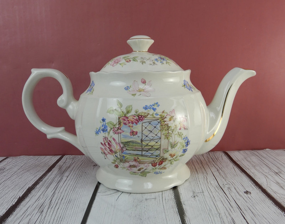 Vintage Crown Dorset Staffordshire England Tea Pot Spring Window Scene