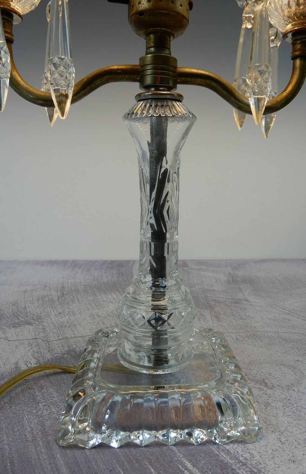 Vintage Two Arm Candle Holder Electric Table Lamp With Hanging Crystals B