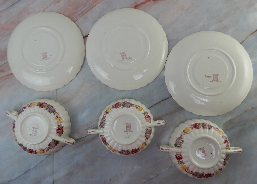 Vtg Copeland Spode "Rose Briar" Set of 3 Cream Soups and Saucers Made In England