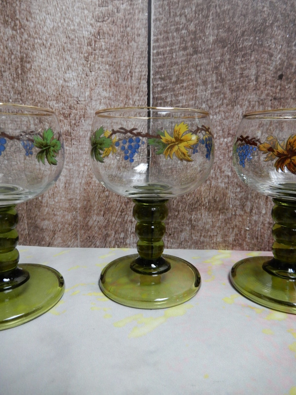 Vintage Set Of 6 Roemer Bubble Green Stem Glasses With Leaf Vine Wine Design