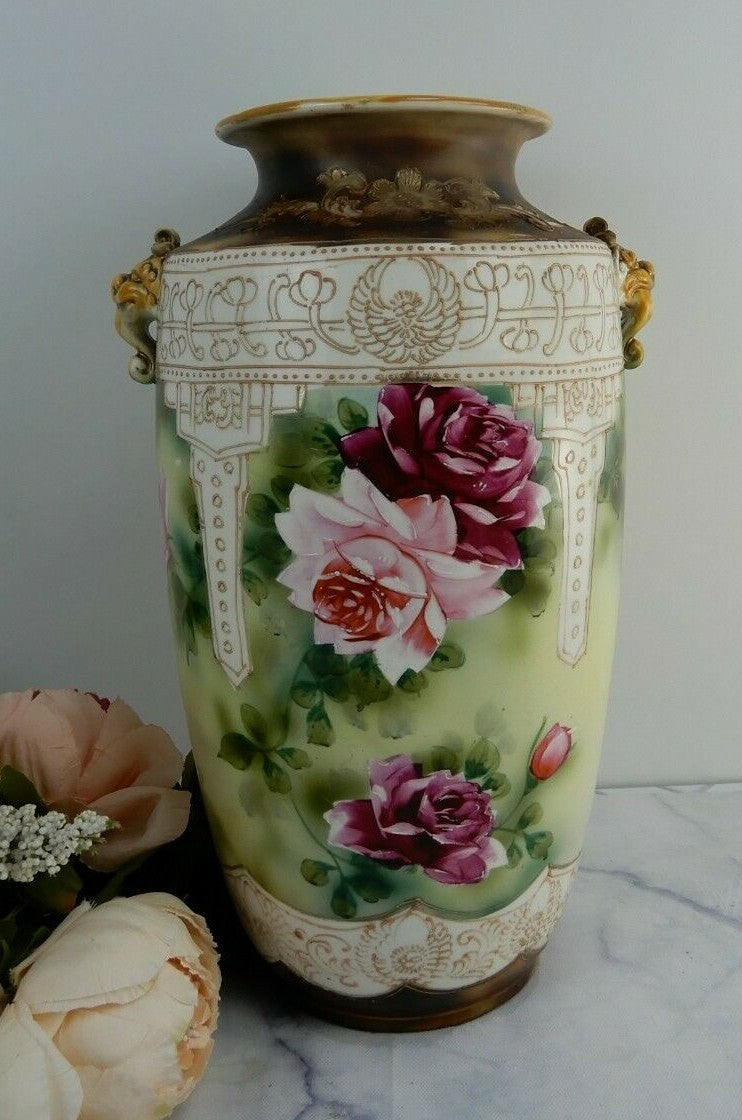Vintage Japan Hand Painted Vase w/Roses and Raised Paint