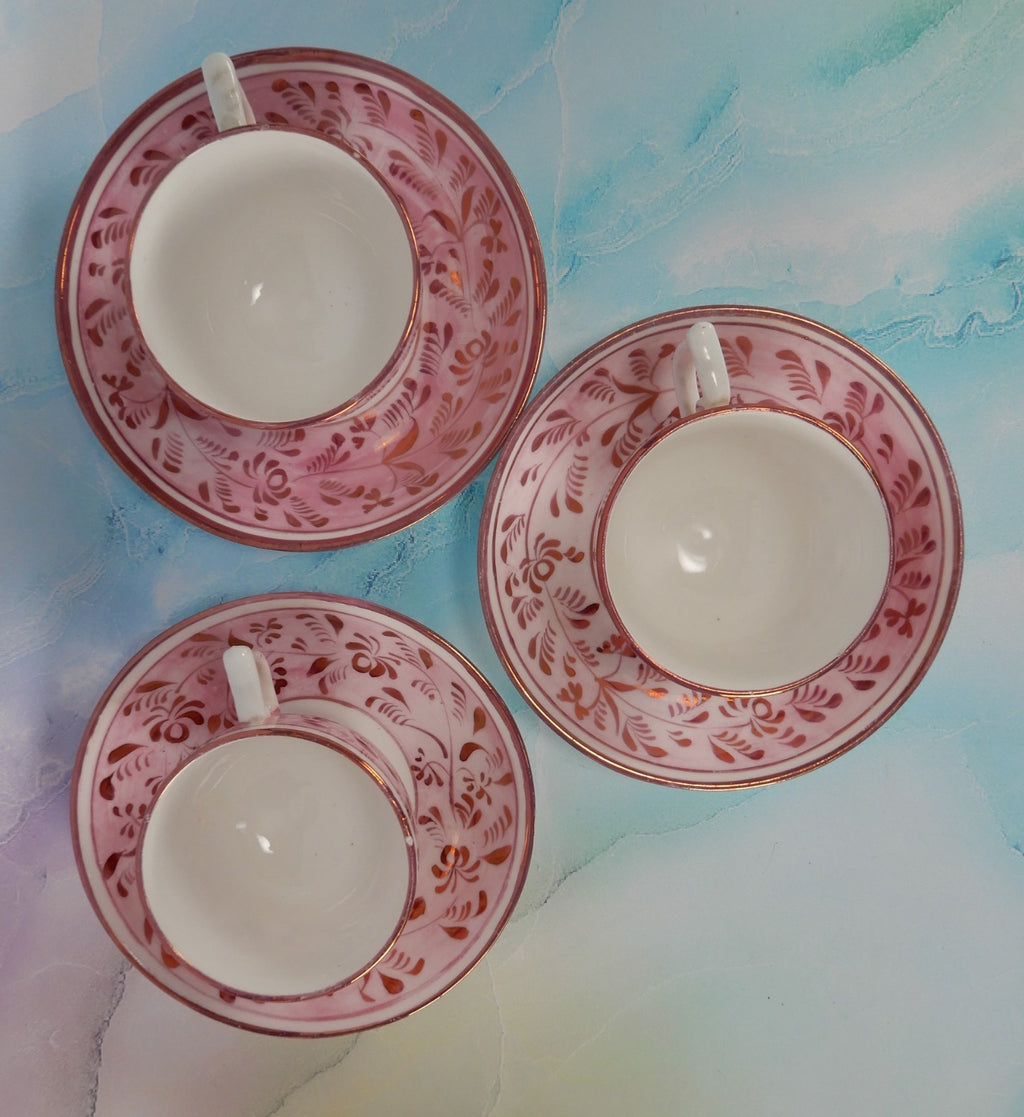 Set of 3~1800s Staffordshire Pink Luster Cups and Saucers: Sunderland Lusterware