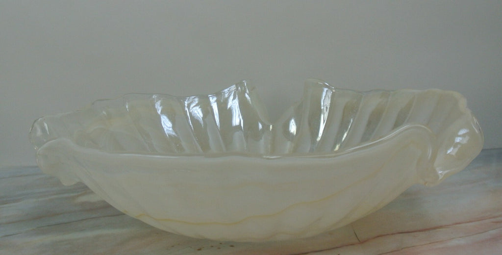 Pearl White Color Lavorazione Arte Murano Hand Blown Iridescent Center Bowl 16"