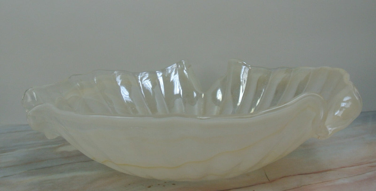 Pearl White Color Lavorazione Arte Murano Hand Blown Iridescent Center Bowl 16"