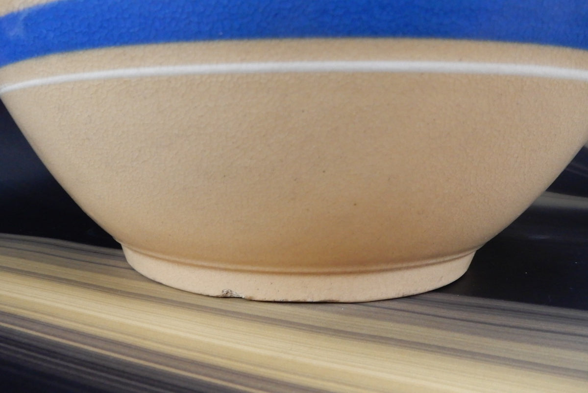 Vintage Ribbed Yelloware Mixing 11-5/8" Bowl with Blue/ White Bands