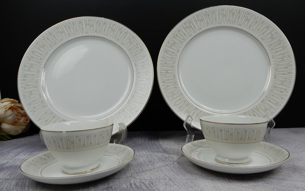 Mikado Malay Gold & Gray Pieces Two Dinner Plates,Two sets of Cups and Saucers