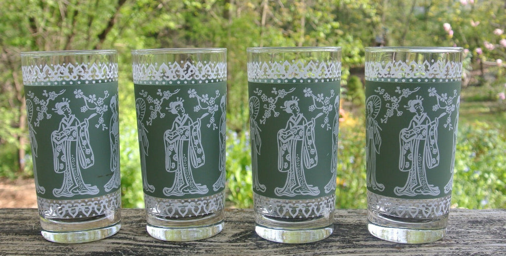 Set 4 Highball "Flower Festival" Green Geisha Glass Tumblers