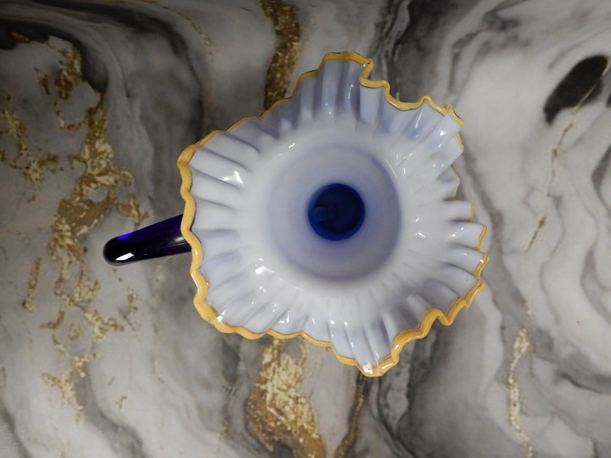 Arte Murano Kristall Mery Art Glass 13-3/4" Tall Pitcher Cobalt Blue,Yellow Rim