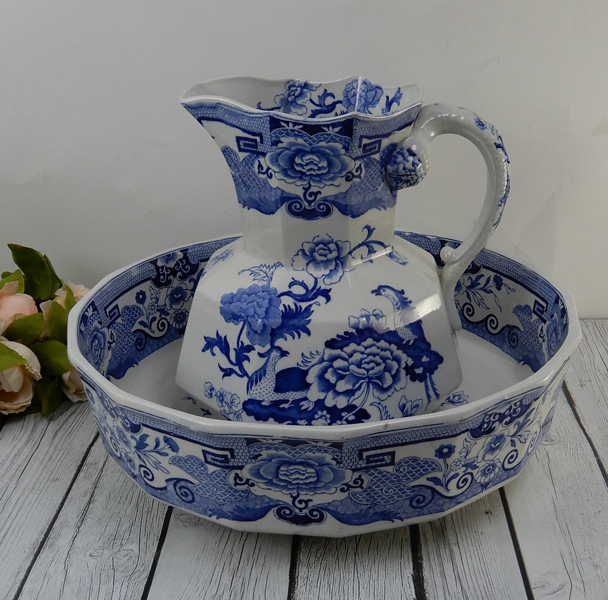 Antique Mason's Ironstone Blue Pheasant Pattern,Wash Bowl & Pitcher Set Ca.1815