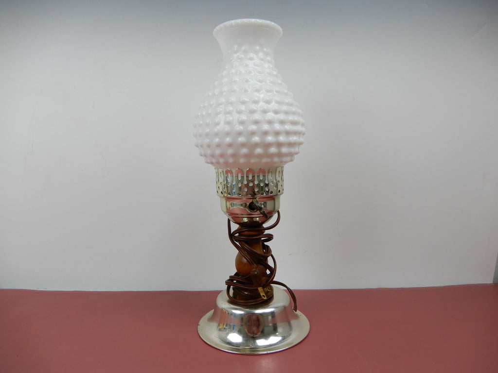 Vintage Table Lamp with Milk Glass Hobnail Lampshade W/Wood & Metallic Base