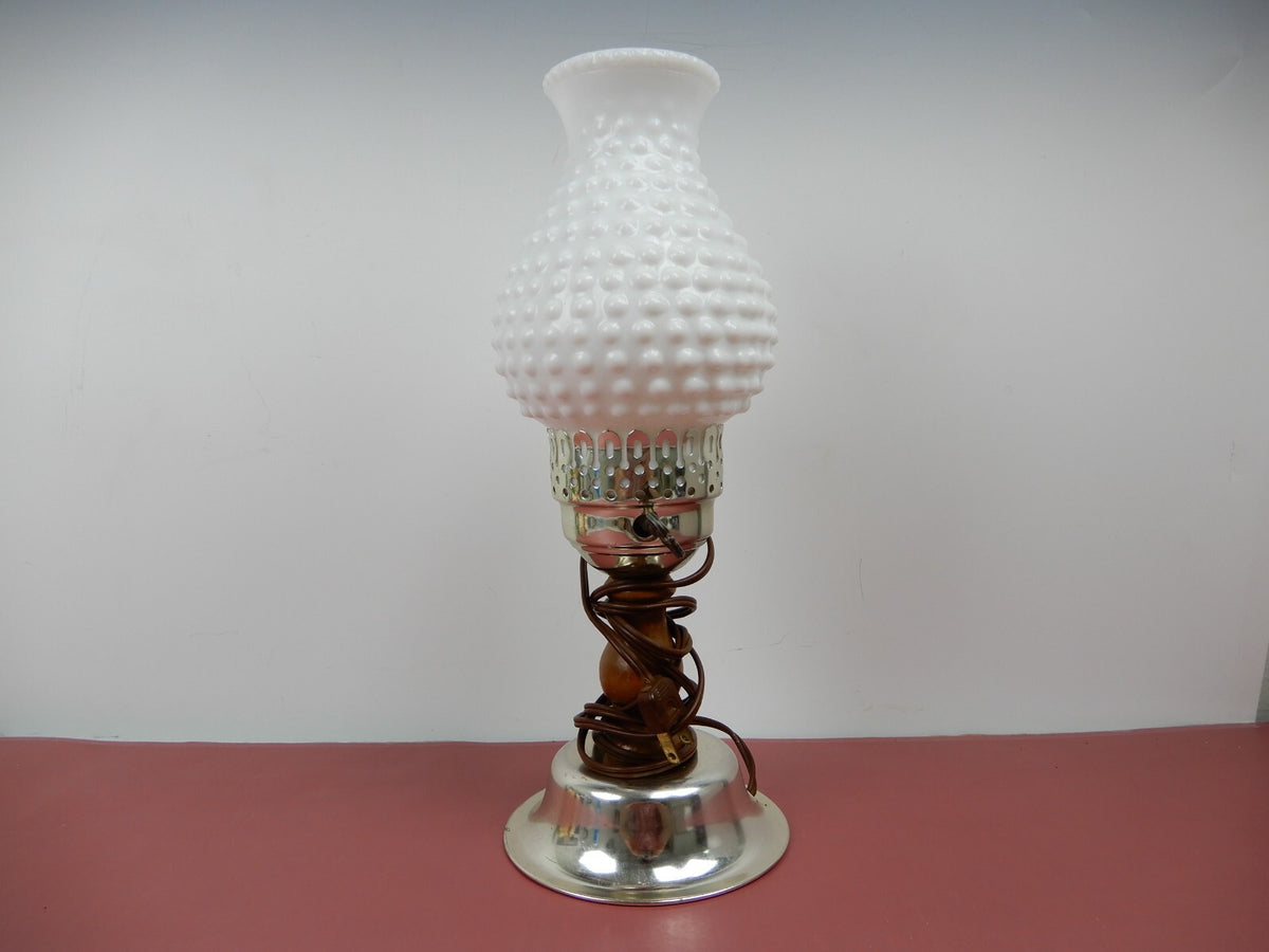 Vintage Table Lamp with Milk Glass Hobnail Lampshade W/Wood & Metallic Base