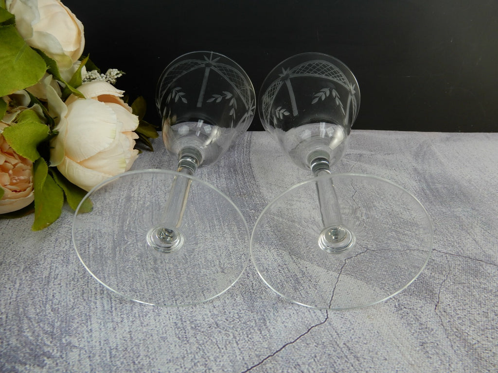 Set of 2 Vintage Long Stem Etched Water/Wine Glasses