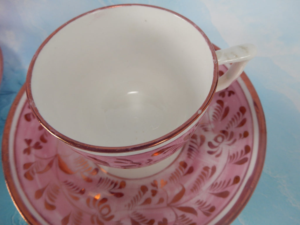 Set of 3~1800s Staffordshire Pink Luster Cups and Saucers: Sunderland Lusterware