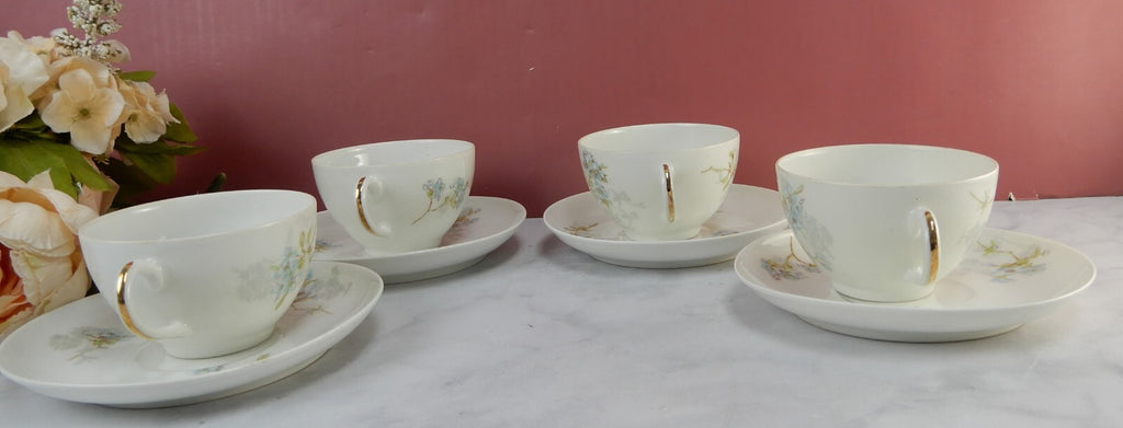 Antique Limoges A. Lanternier France Porcelain Blue Floral 4 Cups and Saucers