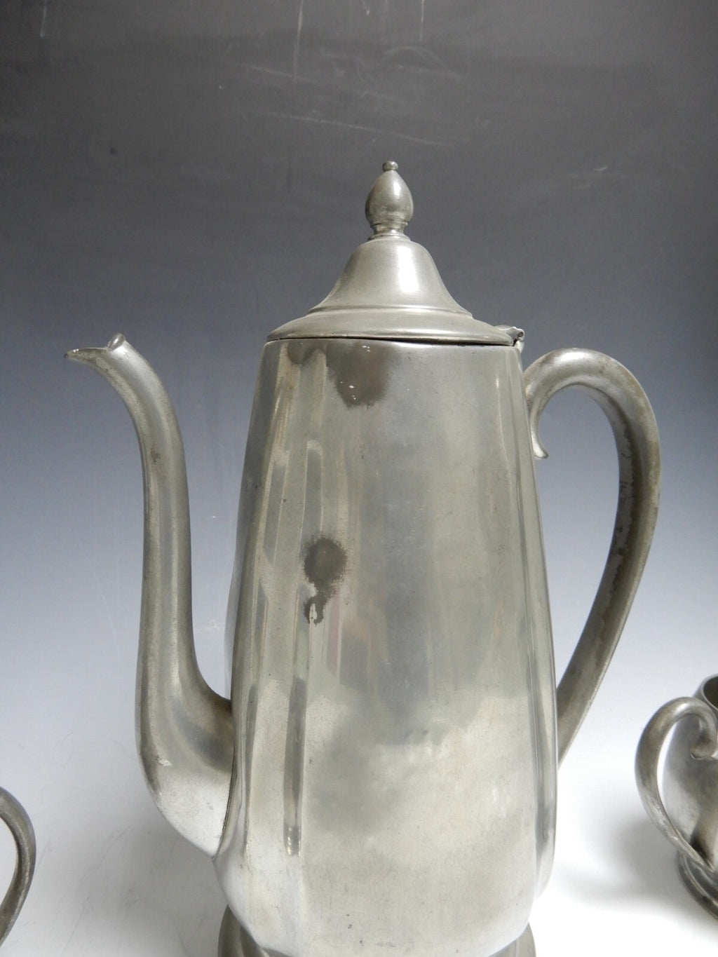 Vintage Crescent Pewter Metal Coffee Pot, Creamer, and Sugar Bowl New York 1930s