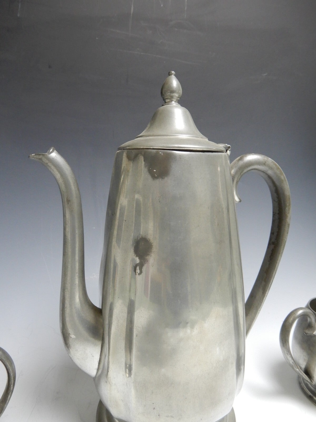 Vintage Crescent Pewter Metal Coffee Pot, Creamer, and Sugar Bowl New York 1930s