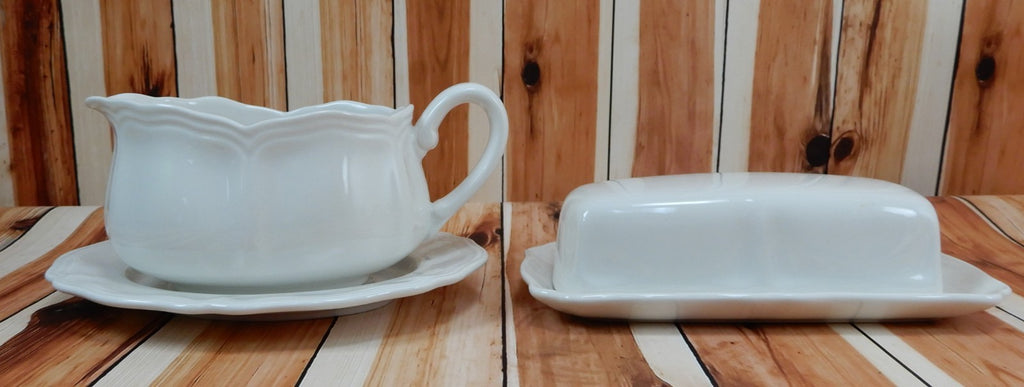 Federalist Ironstone White Made in Japan Gravy Boat Underplate and Butter Dish