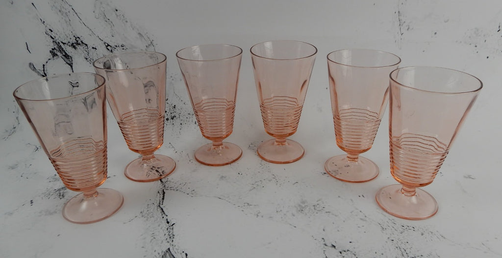 Set of 6 Federal Glass 1930s Pink Depression Ringed Stem Iced Tea Goblets 14oz