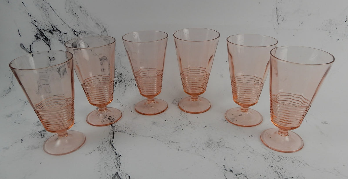 Set of 6 Federal Glass 1930s Pink Depression Ringed Stem Iced Tea Goblets 14oz
