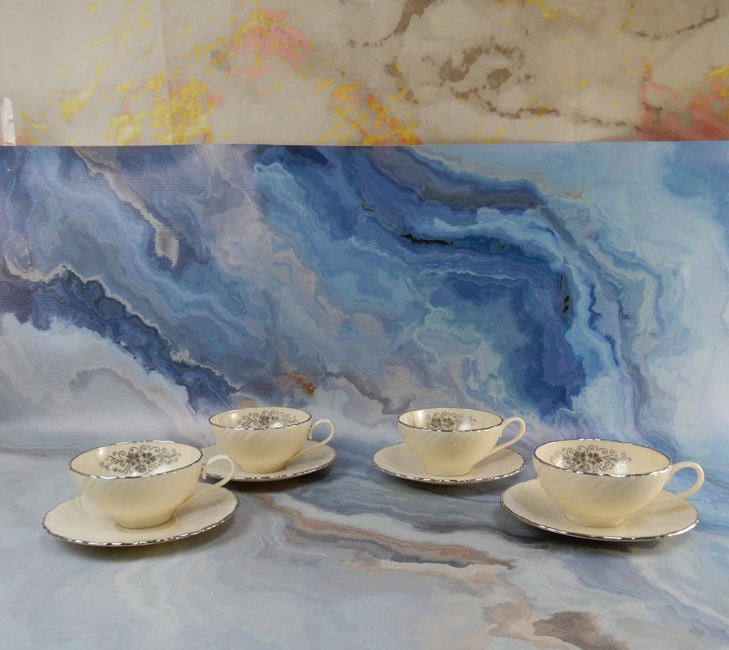 Vintage Lenox "Valera" Set of 4 Cups and Saucers Platinum Scroll Medallion