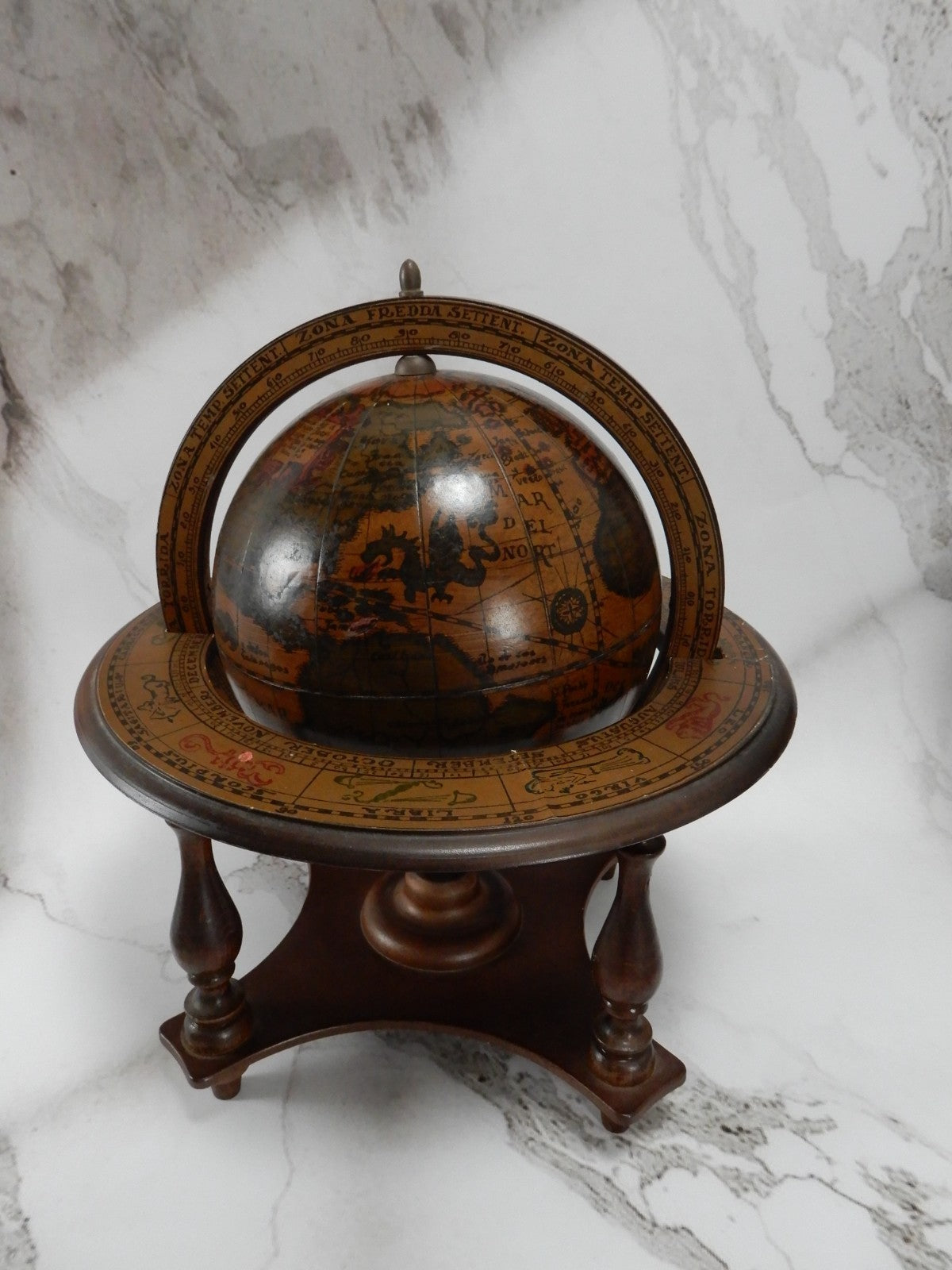 Vtge Italian Zodiac Celestial Globe Wood Stand Made in Italy Old World Decor 10"