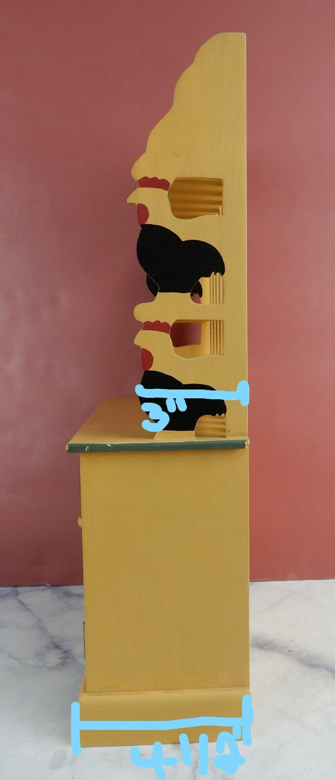 Vtge Small Wood Toy Plate Rack with 2 Shelves,2 Doors Hand Painted w/ Chickens