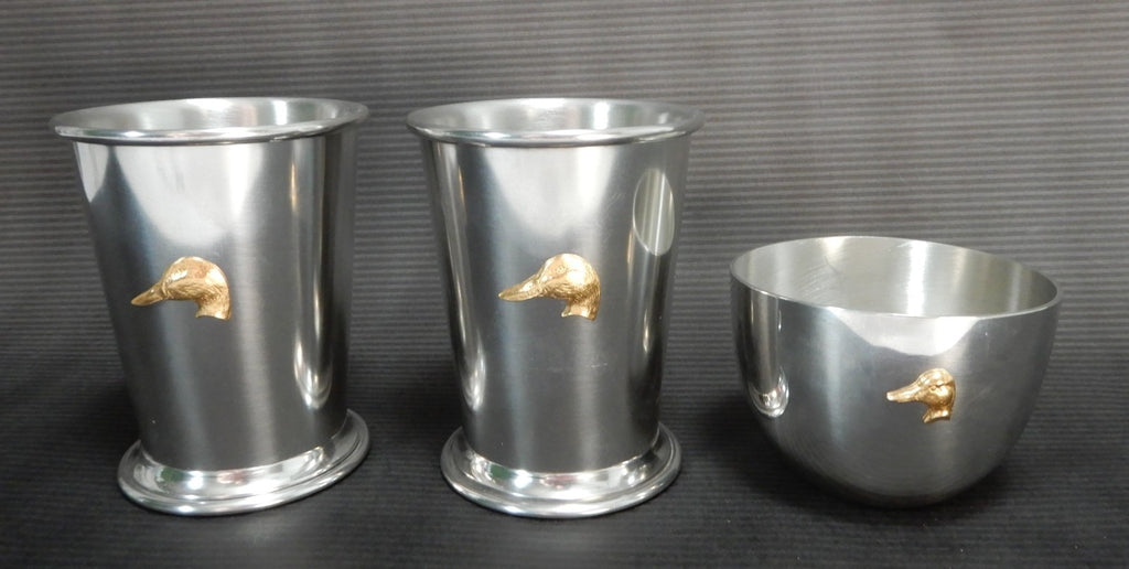 Kirk Stieff English Pewter 2 Julep Cups  and one Jefferson Cup w/Gold Ducks