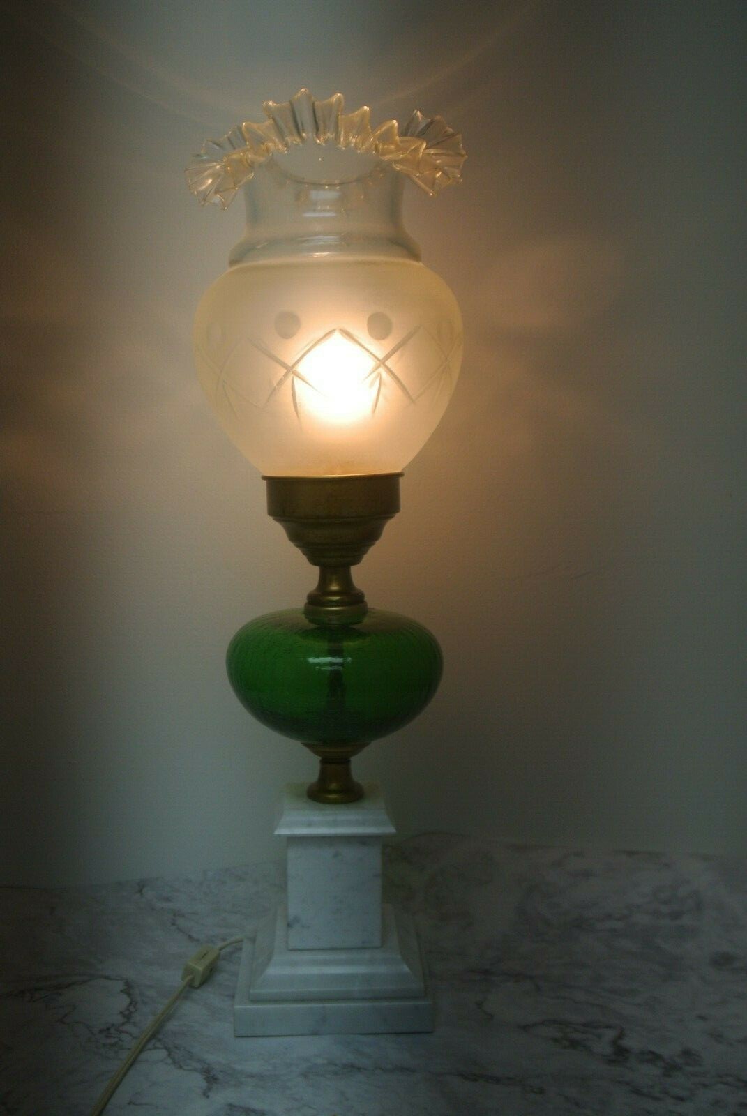 Vtge Italian White Carrara Marble & Green Crackled Hand Blown Glass Table Lamp
