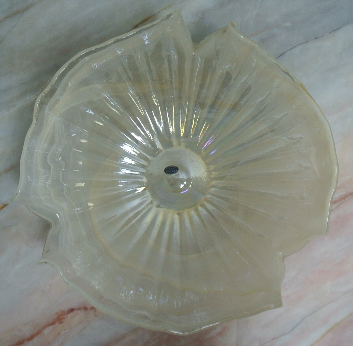 Pearl White Color Lavorazione Arte Murano Hand Blown Iridescent Center Bowl 16"