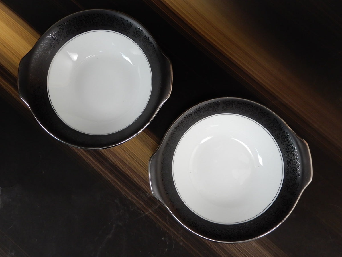Two Noritake Mirano Lugged Cereal,Bowls Platinum Trim 6878 Lug Bowls Black Band