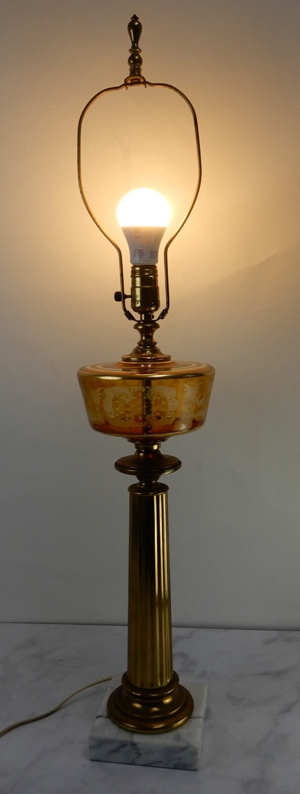 Vintage Czech Bohemian Amber Glass Etched W/ Brass Pilar Table Lamp Marble Base