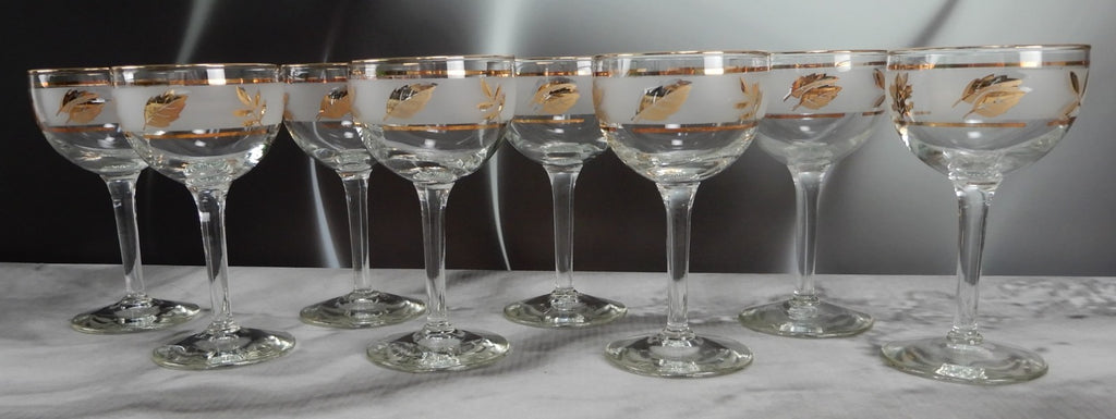 Vtg. Libbey Frosted Golden Foliage Gold Leaf Glass Cocktail Glasses, Set of 8