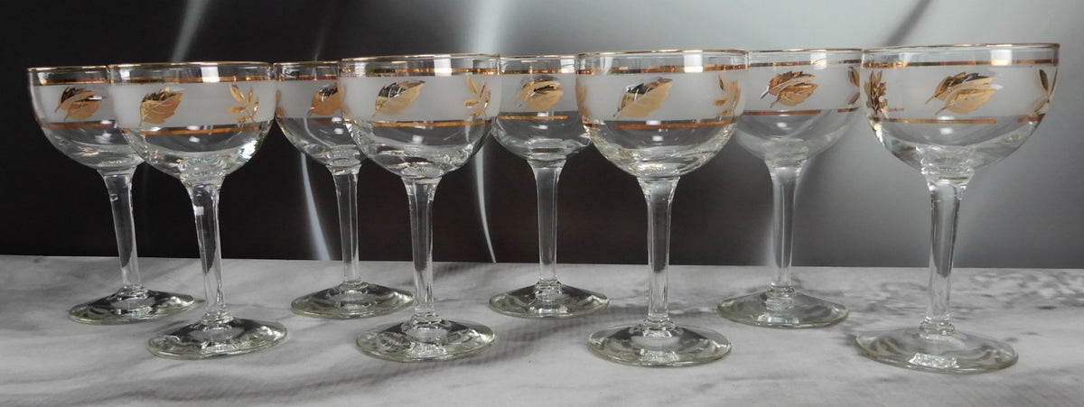 Vtg. Libbey Frosted Golden Foliage Gold Leaf Glass Cocktail Glasses, Set of 8