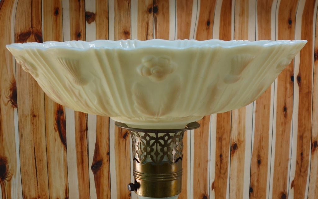 Heavy Torchiere Opaque White & Caramel Shade Embossed Art Deco for Floor Lamp