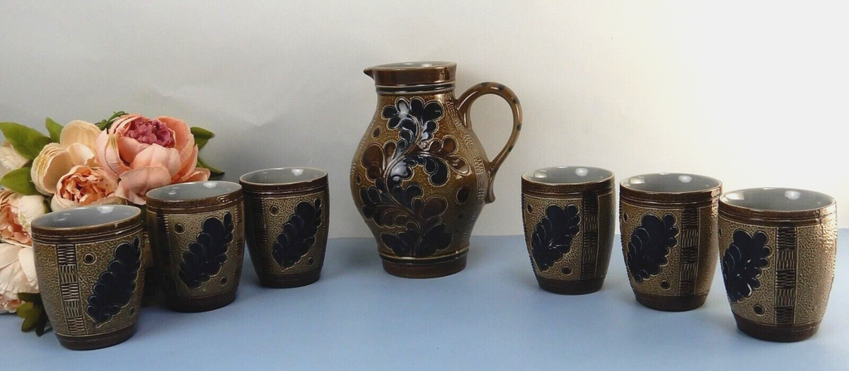 Vintage Marzi Remy German Stoneware Brown Blue Salt Glaze Wine /Jug W/ 6 Cups