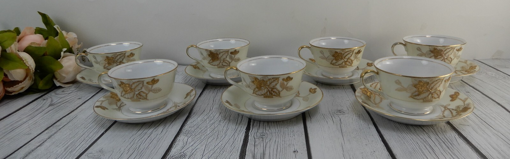 7 Gold Floral Anniversary Craftsman China Japan Cups & Sauces Set Pattern # 178