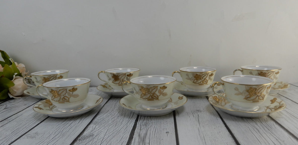 7 Gold Floral Anniversary Craftsman China Japan Cups & Sauces Set Pattern # 178