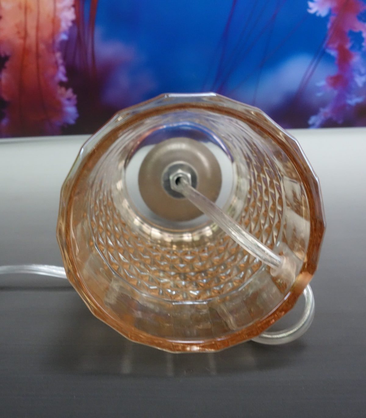 Diamond Point Glass Cylindrical Amber Color Accent Table Lamp with Fabric Shade