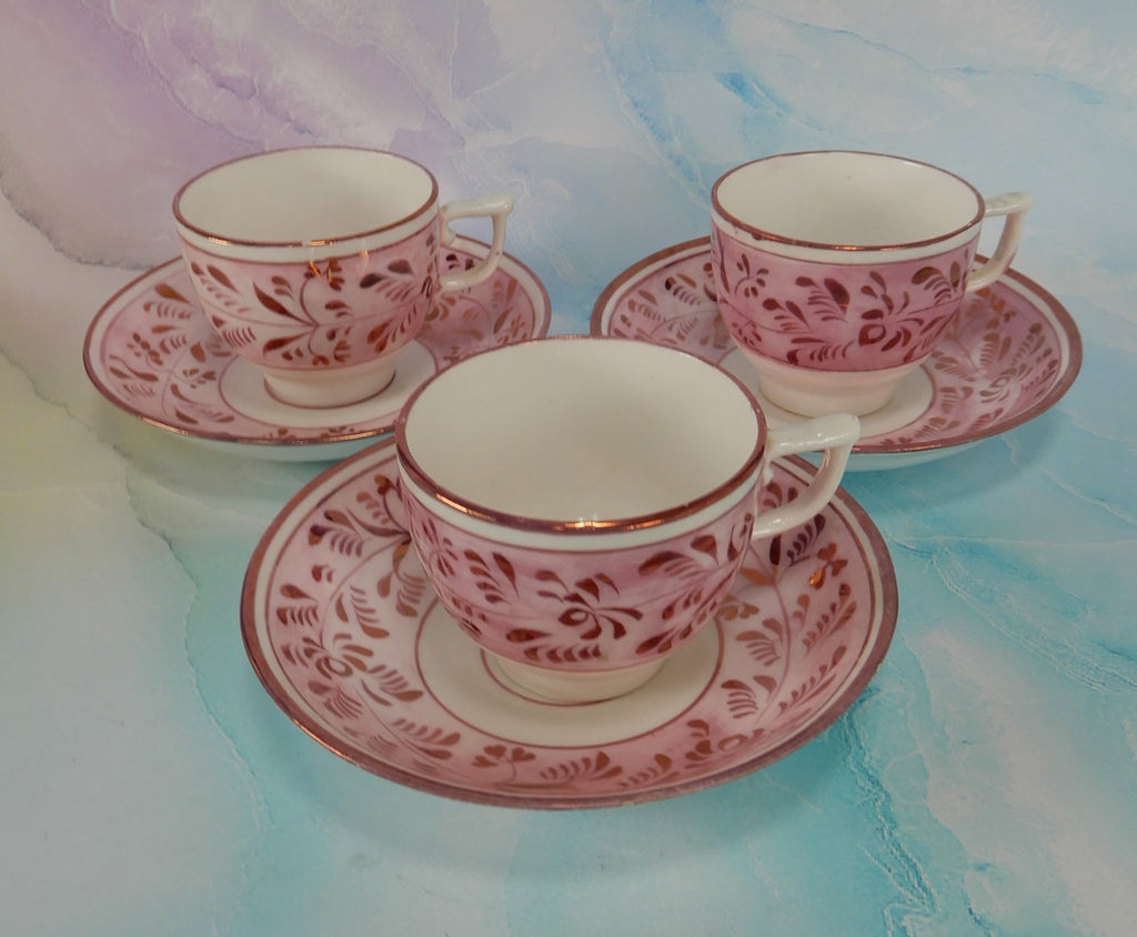Set of 3~1800s Staffordshire Pink Luster Cups and Saucers: Sunderland Lusterware