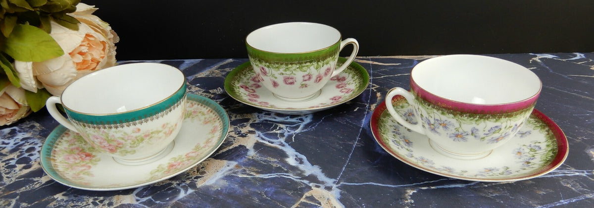 Set of 3 Cups and Saucers with Flowers Made in Austria (Eagle Flying Mark)