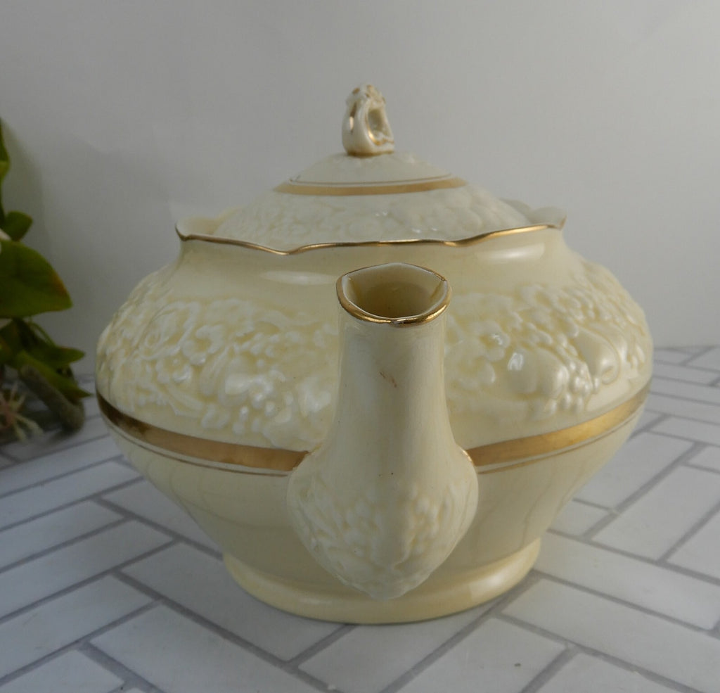 Crown Ducal Gold Gild Band Florentine Sand Cream Teapot with Fixed Handle As Is