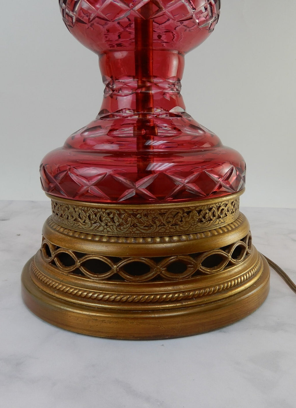 Vtge Western Germany Ruby Red Hand Cut Lead Crystal 3 Way Table Lamp 44-1/2" H