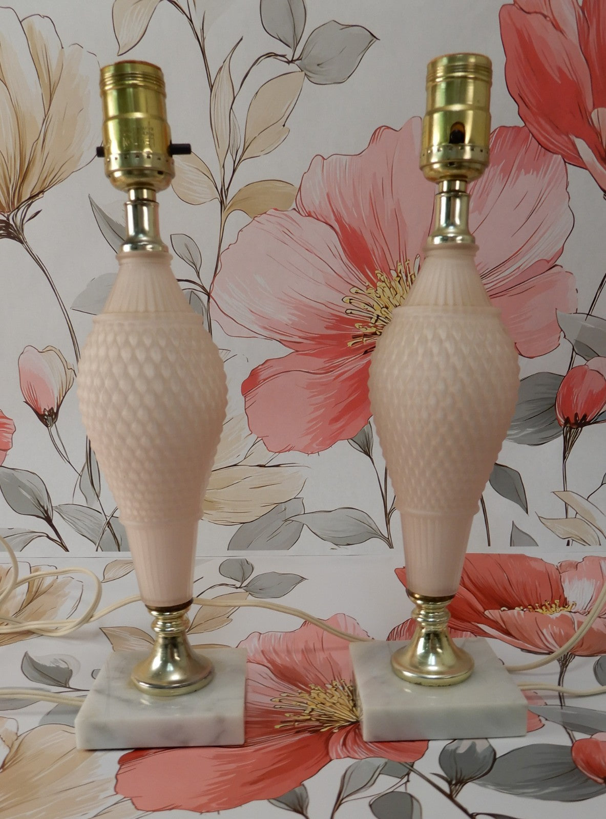 Pair of Pink Frosted Glass Quilted Pattern Table Lamps With Marble Base