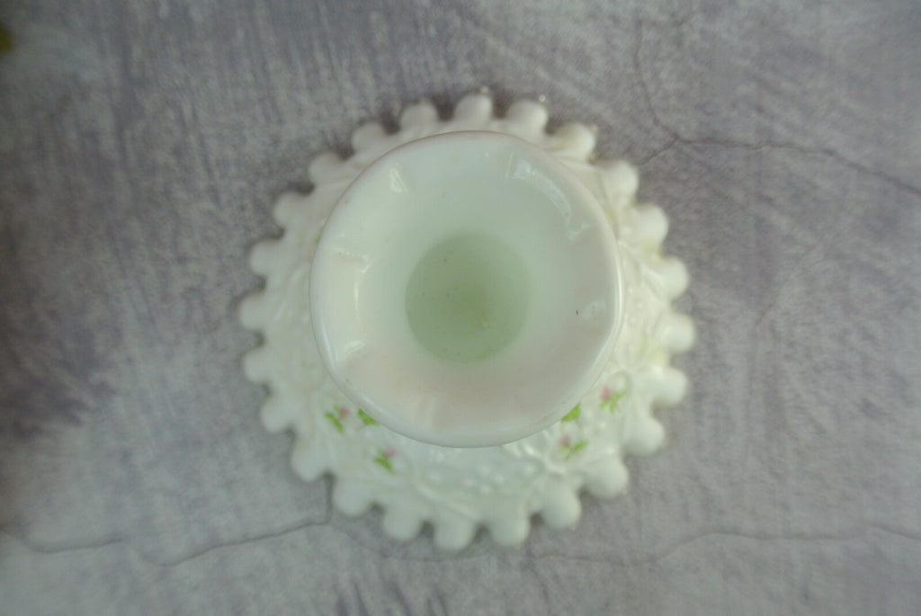 2 Fenton White Milk Glass Silver Crest Spanish Lace Candlestick Holders Signed