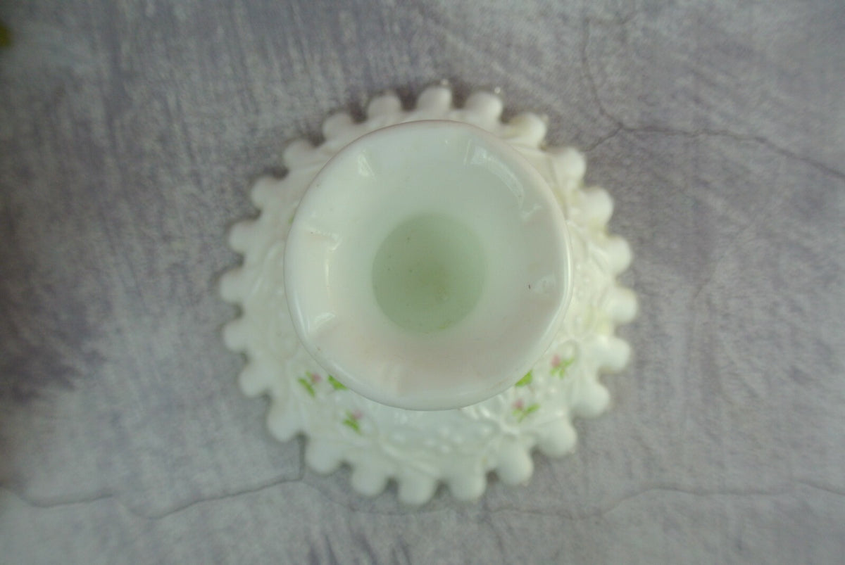 2 Fenton White Milk Glass Silver Crest Spanish Lace Candlestick Holders Signed