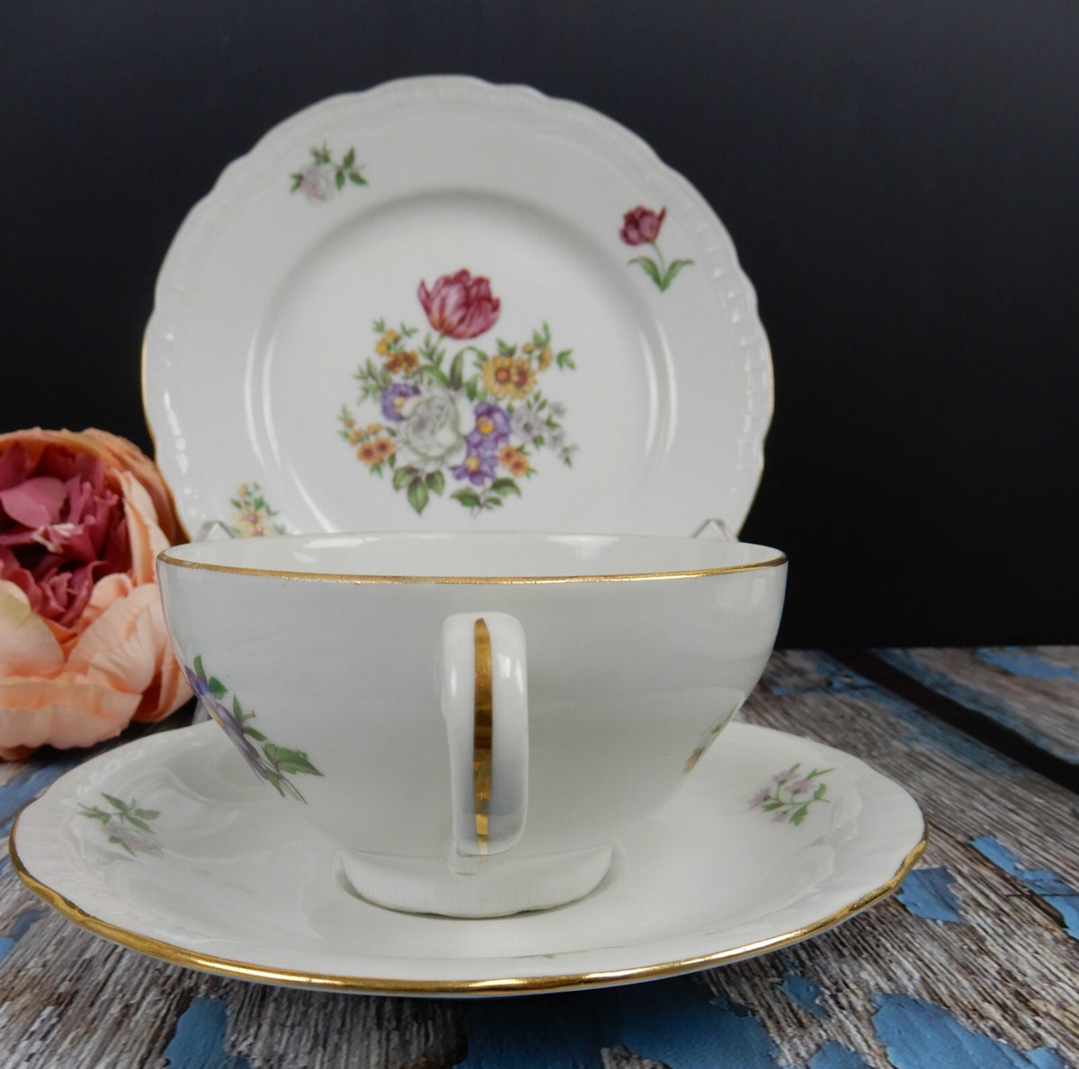 Vintage " Bouquet" Europa Fine Porcelain Trio Made In Czechoslovakia