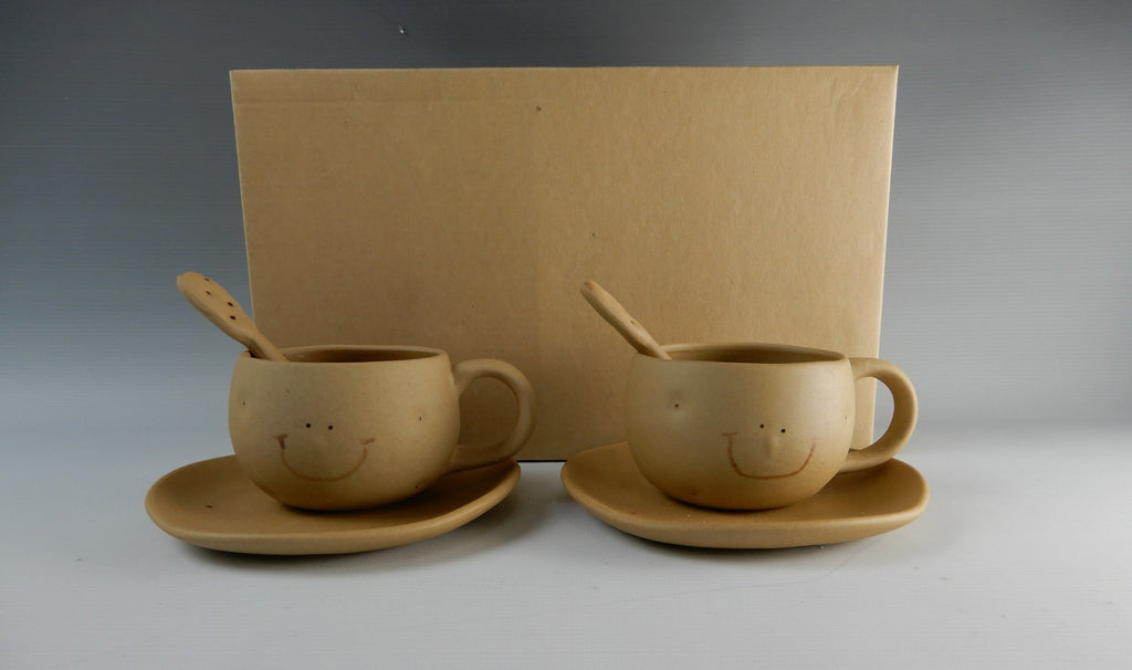 Vtg 1980s Ceramic Japan Kato Kogei Potato Kun Set of Two Cups,Saucers and Spoons