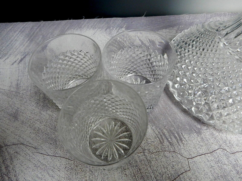 (7) Vintage Glass Diamond Pattern Ships Decanter and Drinking Glass Set