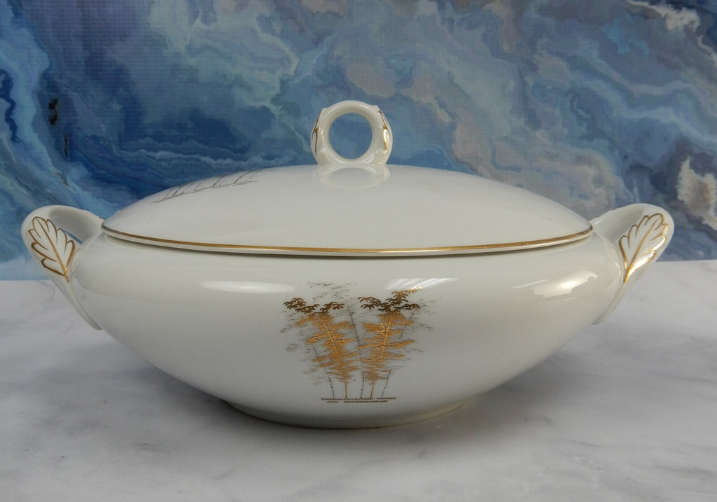 FUKAGAWA Arita Japan ~Gold Bamboo Lidded Round Serving Bowl Creamer & Sugar Bowl
