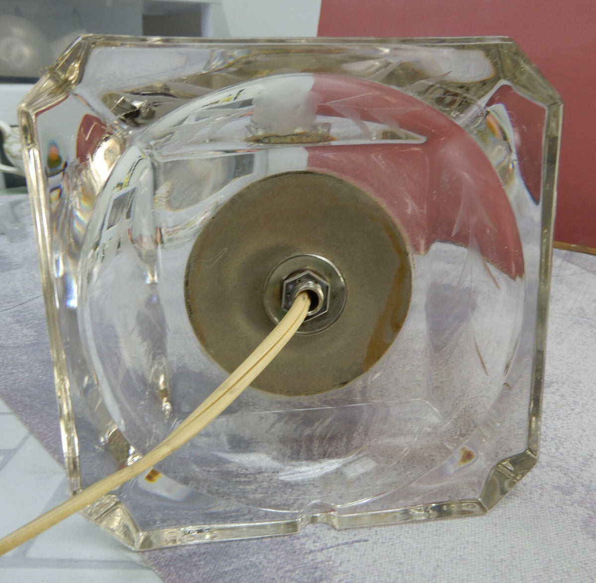 Vintage 28-7/8" Tall Etch Stacked Lucite and Brass Table Lamp